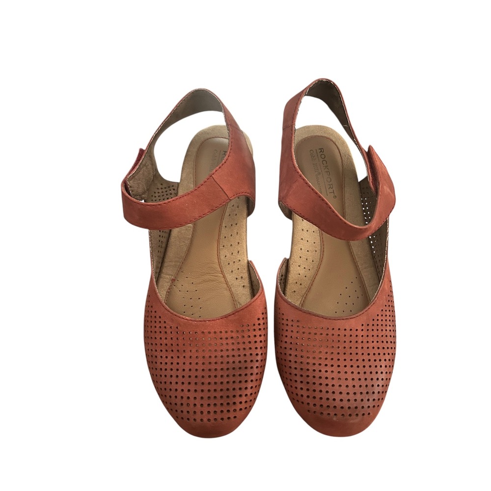 Rockport Cobb Hill Red Leather Perforated Wedge Relaxed Casual Sandals